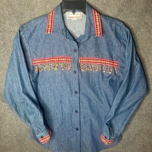 Starfire Vintage 80s blue denim western shirt embroidered removable beads USA